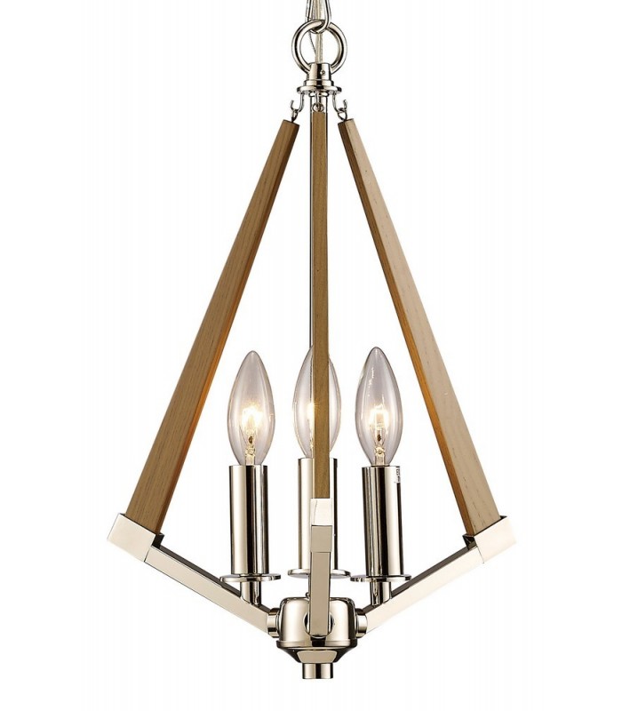 Tetragonal Caged Ceiling Pendant 3 Light E14 Polished Nickel, Taupe Wood - 5