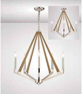 Pentagonal Caged Ceiling Pendant 5 Light E14 Polished Nickel, Taupe Wood - 2