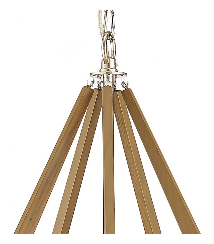 Pentagonal Caged Ceiling Pendant 5 Light E14 Polished Nickel, Taupe Wood - 6