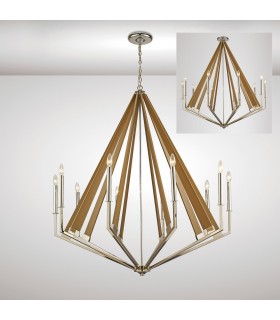Decagonal Caged Ceiling Pendant 10 Light E14 Polished Nickel, Taupe Wood (Item Requires Assembly) - 2