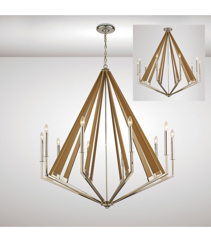 Decagonal Caged Ceiling Pendant 10 Light E14 Polished Nickel, Taupe Wood (Item Requires Assembly) - 2