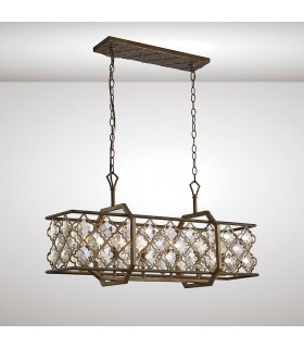 Ceiling Pendant 6 Light E14 Rectangle Mocha, Teak Plated Crystal - 2
