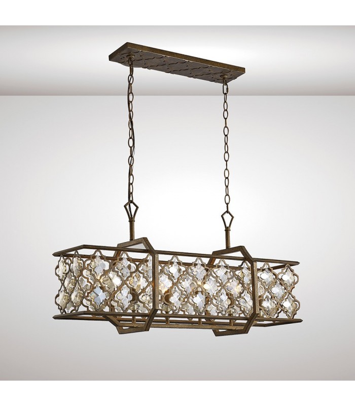 Ceiling Pendant 6 Light E14 Rectangle Mocha, Teak Plated Crystal - 2