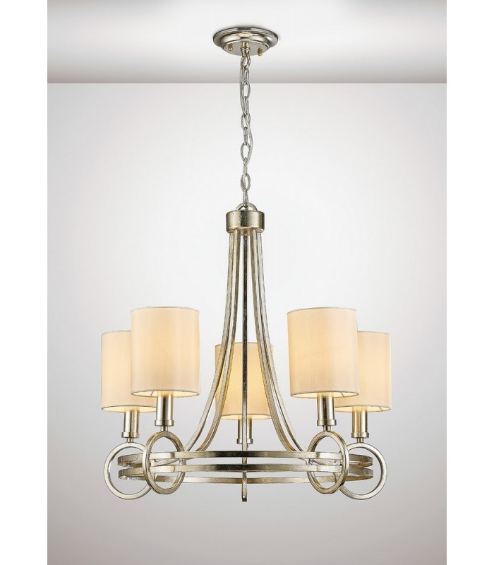 Ceiling Pendant with Beige Shade 5 Light E14 Antique Silver, Teak Plated - 2