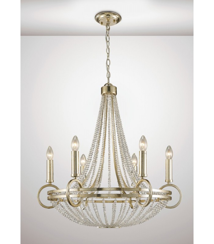 Ceiling Pendant with Beige Shade 6 Light E14 Antique Silver, Teak Plated, Crystal - 2