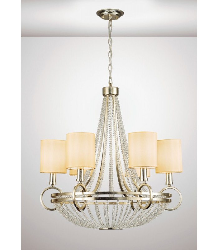 Ceiling Pendant with Beige Shade 6 Light E14 Antique Silver, Teak Plated, Crystal - 12