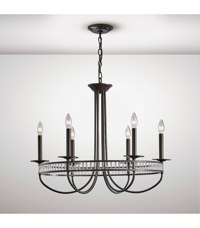 Round Ceiling Pendant 6 Light E14 Aged Bronze, Crystal - 2