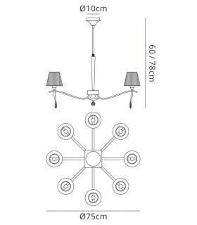 Ceiling Pendant Round 8 Light E14, Polished Brass with Amber Cream Shades And Clear Crystal - 2