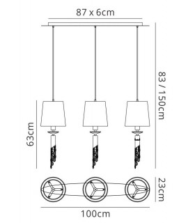 Ceiling Pendant 3+3 Light E27+G9 Line, Polished Chrome with White Shades & Clear Crystal - 2