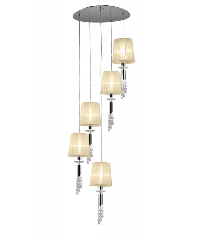 Ceiling Cluster Pendant 5+5 Light E27+G9 Spiral, Polished Chrome with White Shades & Clear Crystal - 3