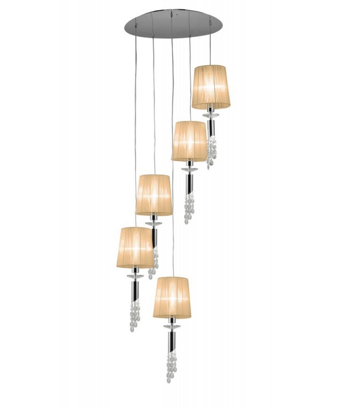 Ceiling Cluster Pendant 5+5 Light E27+G9 Spiral, Polished Chrome with White Shades & Clear Crystal - 4