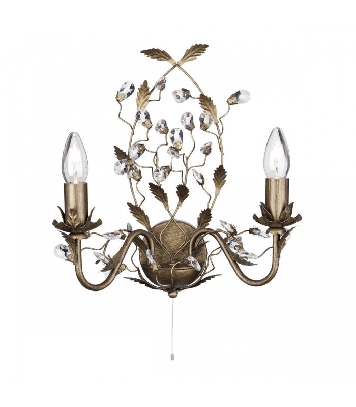 2 Light Candle Wall Light Brown Gold with Crystals Floral Leaves Design, E14 - 1