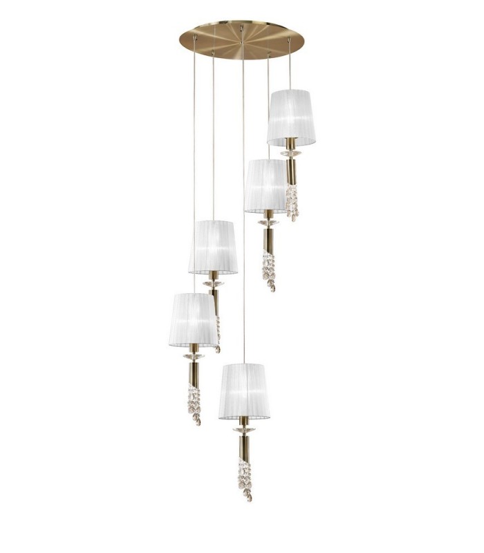 Ceiling Cluster Pendant 5+5 Light E27+G9 Spiral, Antique Brass with Soft Bronze Shades & Clear Crystal - 4