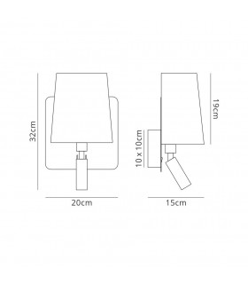 Wall Lamp with Large Back Plate 1 Light E27 + Reading Light 3W LED with White Shade Bronze 4000K, 200lm, - 2
