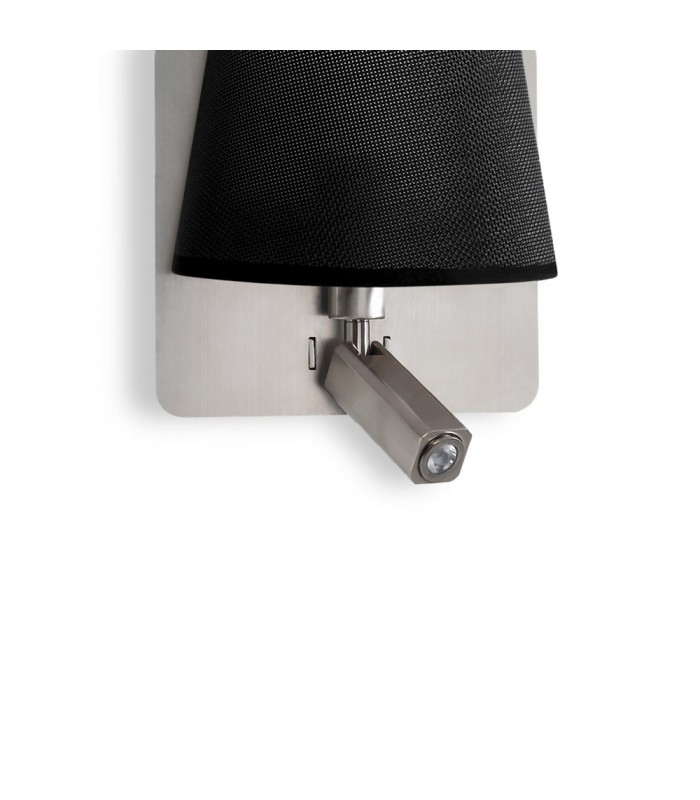 Wall Lamp with Large Back Plate 1 Light E27 + Reading Light 3W LED with Black Shade Satin Nickel 4000K, 200lm, - 3
