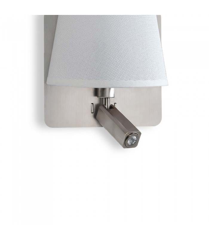 Wall Lamp with Large Back Plate 1 Light E27 + Reading Light 3W LED with White Shade Satin Nickel 4000K, 200lm, - 3