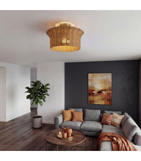 Kai Flush Ceiling Light Brushed Gold & Rattan-2