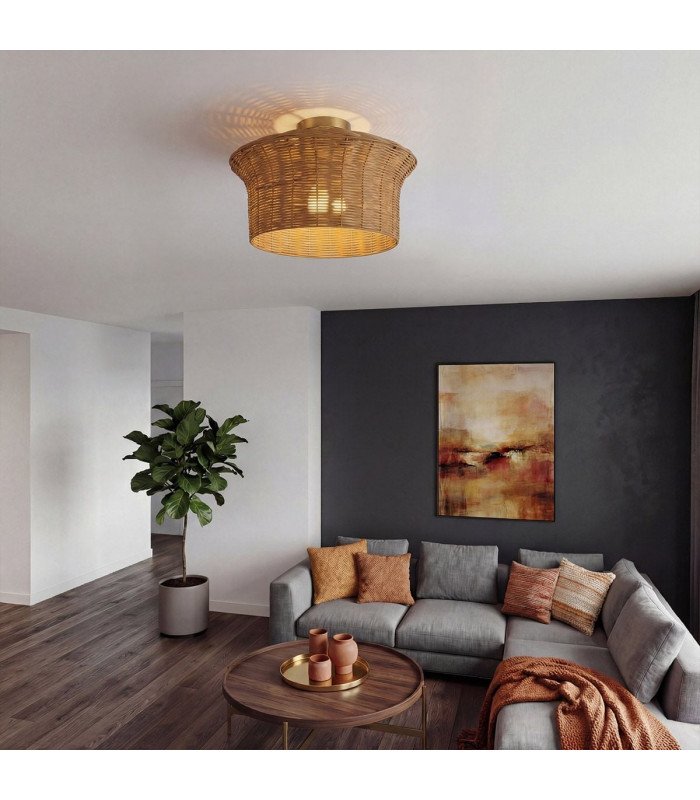 Kai Flush Ceiling Light Brushed Gold & Rattan-2