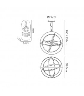 Ceiling Pendant Round 80cm, 5 Ring, 130W LED 3000K, 4250lm, RF Remote Control White - 2