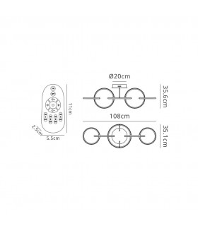 Semi Flush Ceiling Light 108cm x 35cm, 5 Ring, 59W LED 3000K, 2600lm, Chrome, RF Remote Control - 2