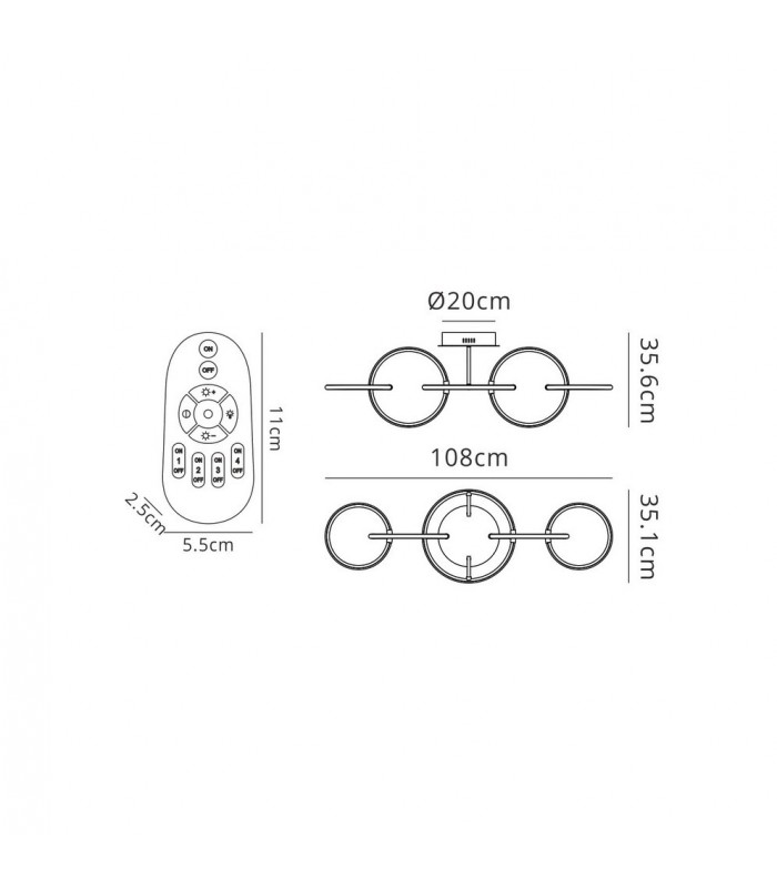 Semi Flush Ceiling Light 108cm x 35cm, 5 Ring, 59W LED 3000K, 2600lm, Chrome, RF Remote Control - 2