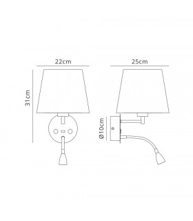 Wall + Reading Light with USB Charger, 1 x E27 (Max 20W) + 3W LED, 3000K, 210lm LED, Individually Switched, White - 2