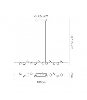 12 Light Linear Ceiling Pendant 100cm, 36W LED, 3000K, 1980lm, White - 2