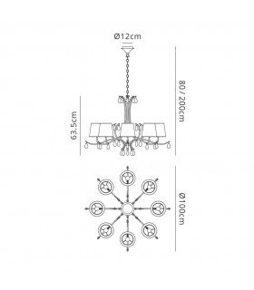 Ceiling Pendant 100cm Round, 8 x E14 (Max 20W), Polished Chrome, White Shades, Black Crystal Droplets - 2