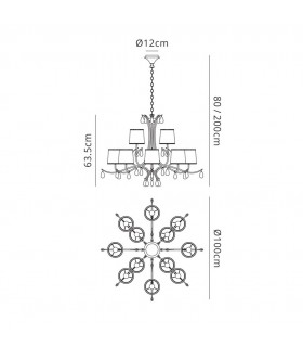 Ceiling Pendant 100cm Round, 8+4 x E14 (Max 20W), Antique Brass, White Shades, White Crystal Droplets - 2