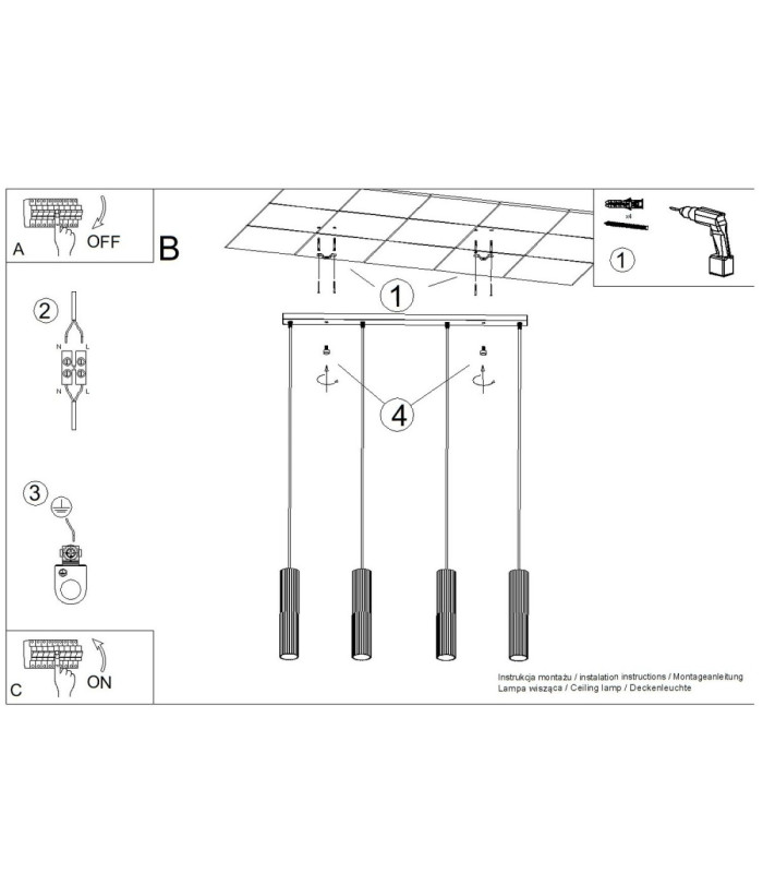 Karbon Hanging Bar Pendant Ceiling Light Gold 4x GU10-12