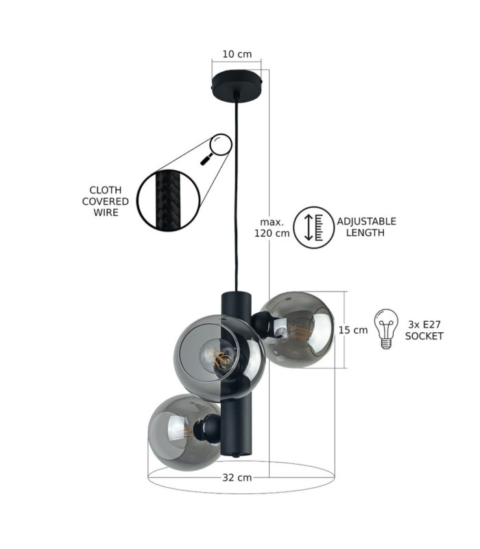 Tube Globe Pendant Ceiling Light Black Smoky Glass Shade 3x E27-3