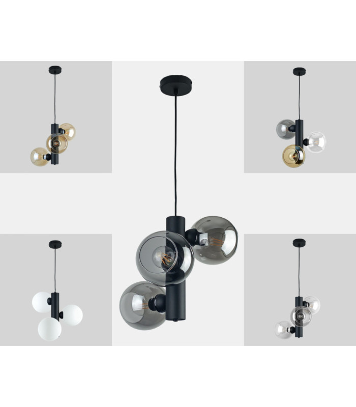 Tube Globe Pendant Ceiling Light Black Smoky Glass Shade 3x E27-4