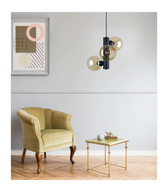 Tube Globe Pendant Ceiling Light Black Amber Glass Shade 3x E27-2