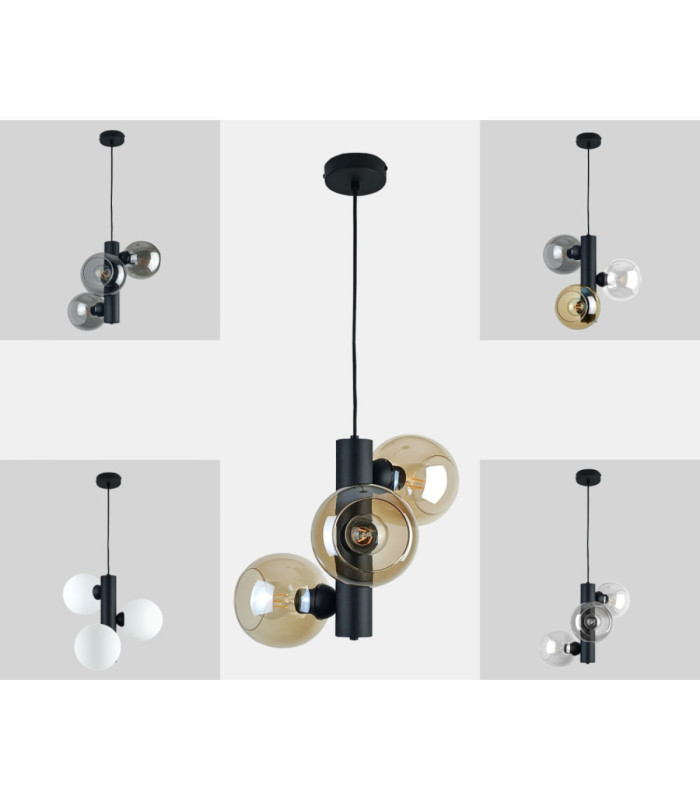 Tube Globe Pendant Ceiling Light Black Amber Glass Shade 3x E27-5