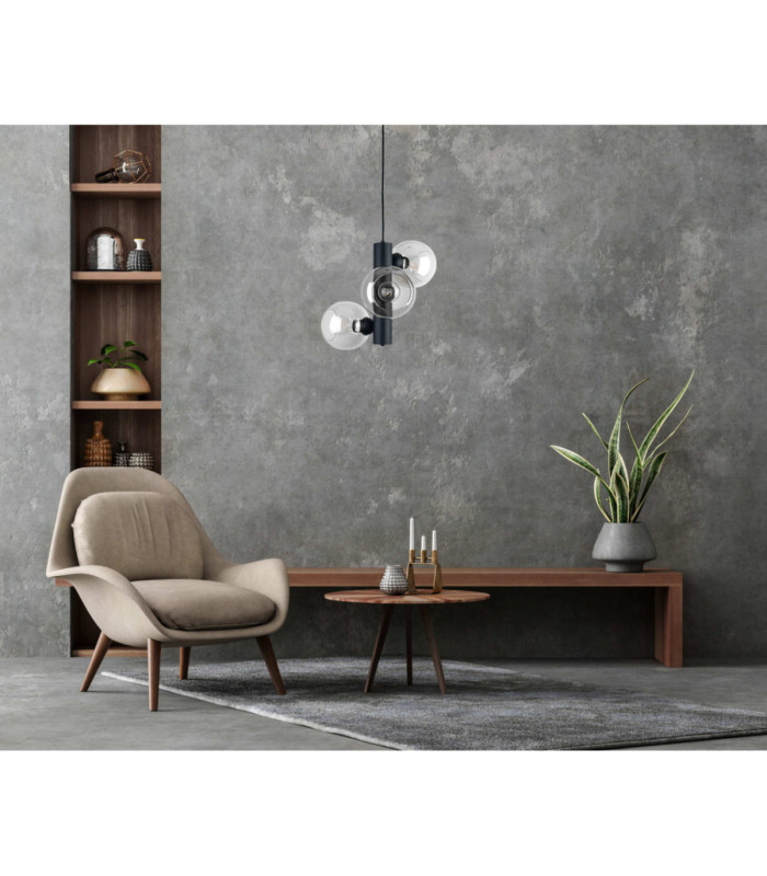Tube Globe Pendant Ceiling Light Black Transparent Glass Shade 3x E27-2