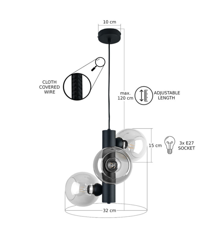 Tube Globe Pendant Ceiling Light Black Transparent Glass Shade 3x E27-3
