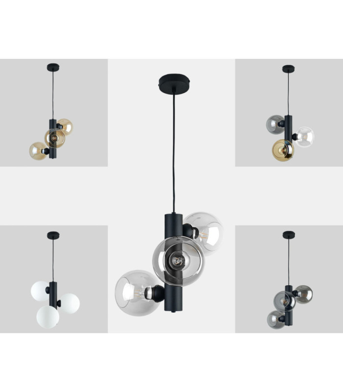 Tube Globe Pendant Ceiling Light Black Transparent Glass Shade 3x E27-4