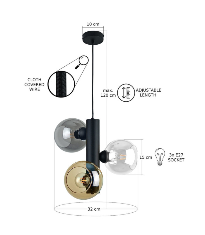 Tube Globe Pendant Ceiling Light Black Smoky Amber Transparent Glass Shade 3x E27-3