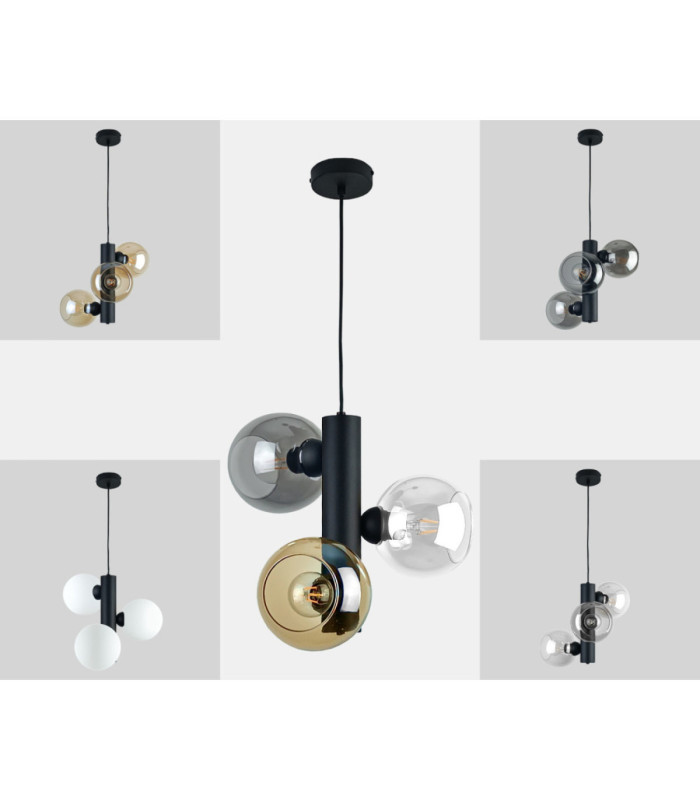 Tube Globe Pendant Ceiling Light Black Smoky Amber Transparent Glass Shade 3x E27-4