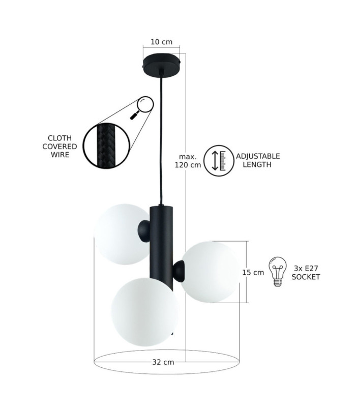 Tube Globe Pendant Ceiling Light Black Smoky Glass Shade 3x E27-3