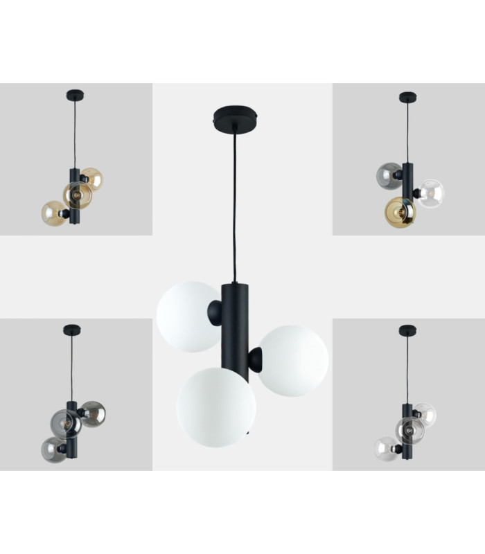 Tube Globe Pendant Ceiling Light Black Smoky Glass Shade 3x E27-5