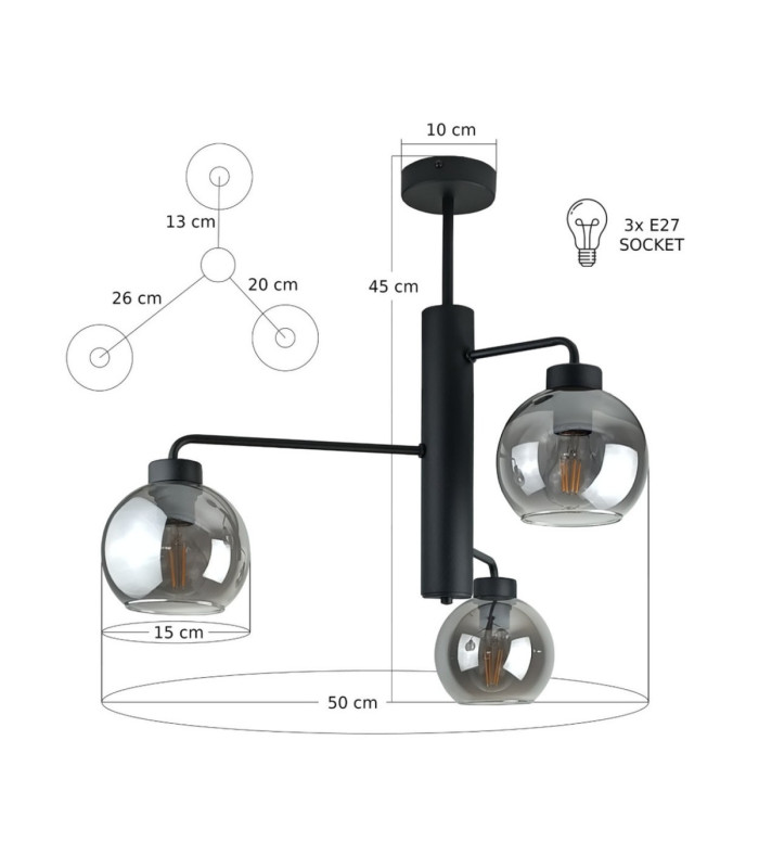 Flex Multi Arm Semi Flush Ceiling Lamp Black Smoky Glass Shade 3x E27-3
