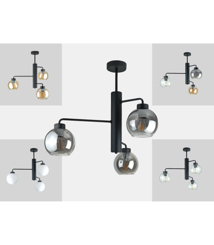 Flex Multi Arm Semi Flush Ceiling Lamp Black Smoky Glass Shade 3x E27-4