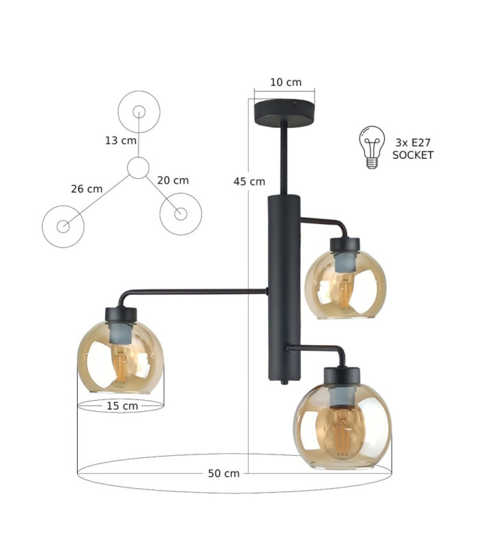 Flex Multi Arm Semi Flush Ceiling Lamp Black Amber Glass Shade 3x E27-3