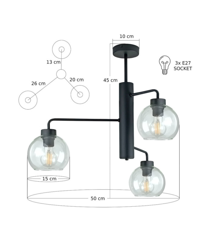 Flex Multi Arm Semi Flush Ceiling Lamp Black Transparent Glass Shade 3x E27-3