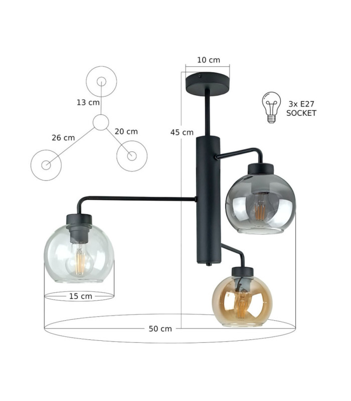 Flex Multi Arm Semi Flush Ceiling Lamp Black Smoky Amber Transparent Glass Shade 3x E27-3