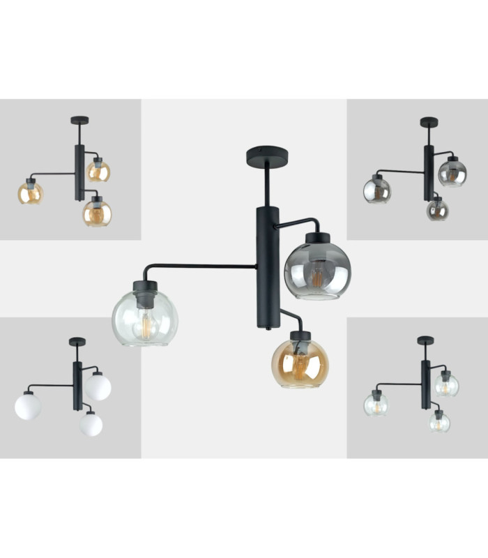Flex Multi Arm Semi Flush Ceiling Lamp Black Smoky Amber Transparent Glass Shade 3x E27-4