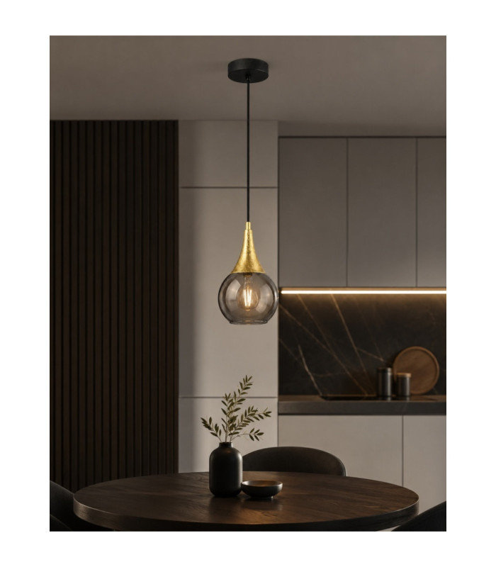 Lacrima Dome Pendant Ceiling Light Black Gold Smoky Glass Shade 1x E27-2