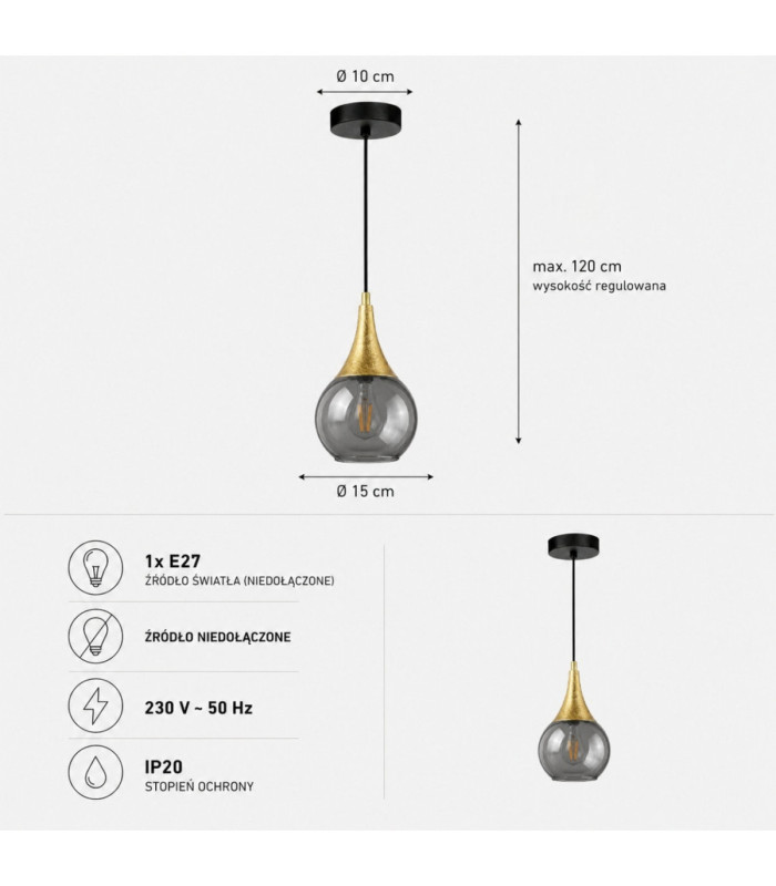 Lacrima Dome Pendant Ceiling Light Black Gold Smoky Glass Shade 1x E27-4