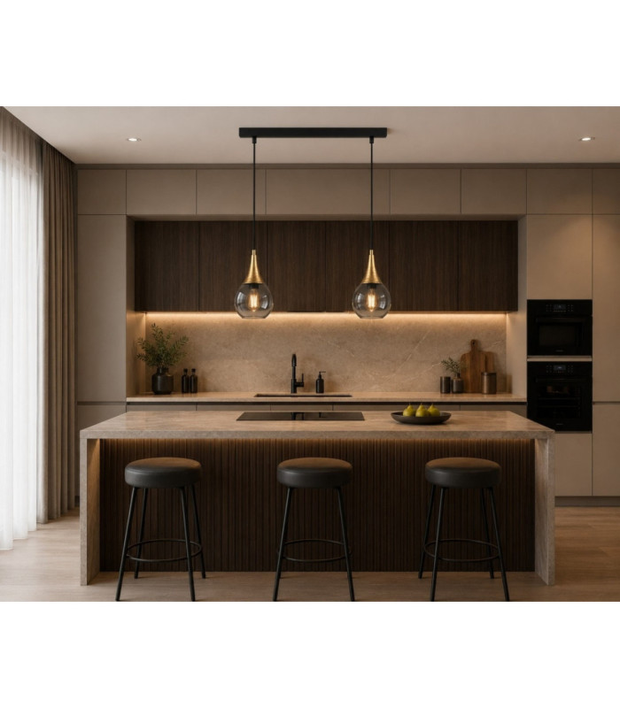 Lacrima Bar Pendant Ceiling Light Black Gold Smoky Glass Shade 2x E27-2